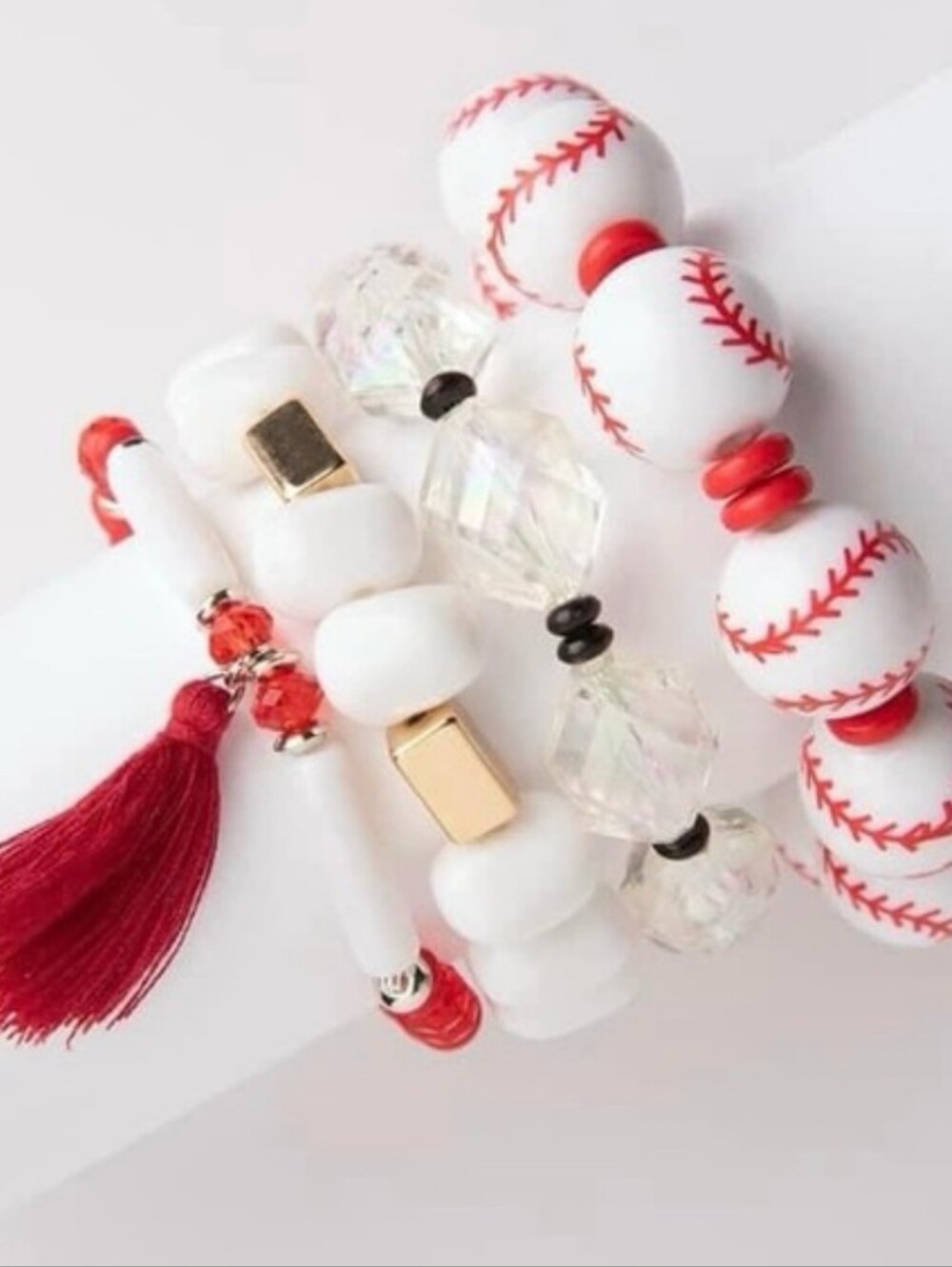 White & Red Baseball Bead Stretch Bracelet Set